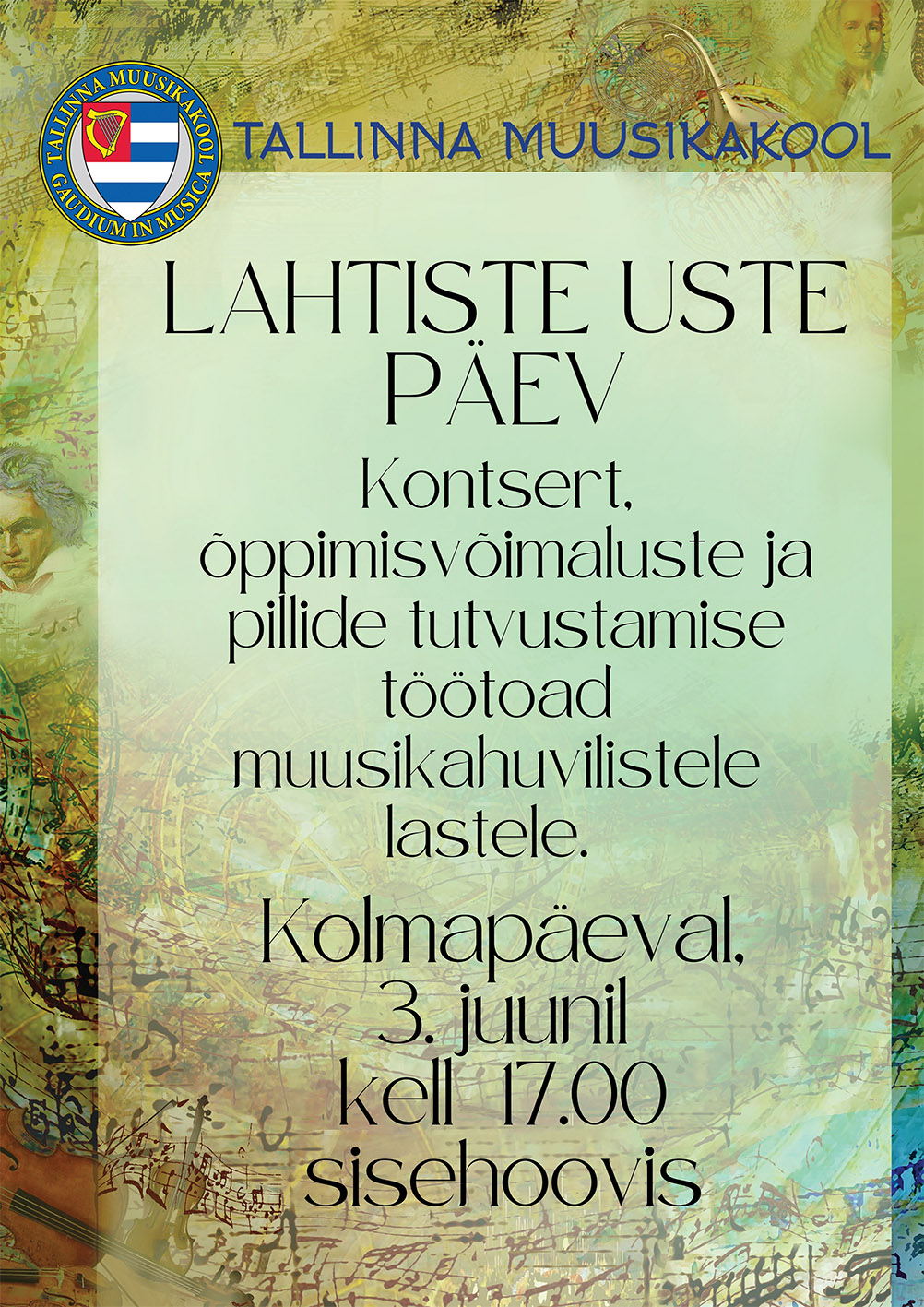 Juba sel kolmapäeval, 3. juunil avab Tallinna Muusikakool uksed! Kell 17 kontsert muusikakooli sisehoovis kell 17.50-19.30 pillide tutvustamine muusikakooli sis